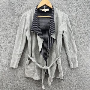 LOFT Womens Petite Small‎ Gray Navy Stripe Open Front Cardigan Sweater Belted